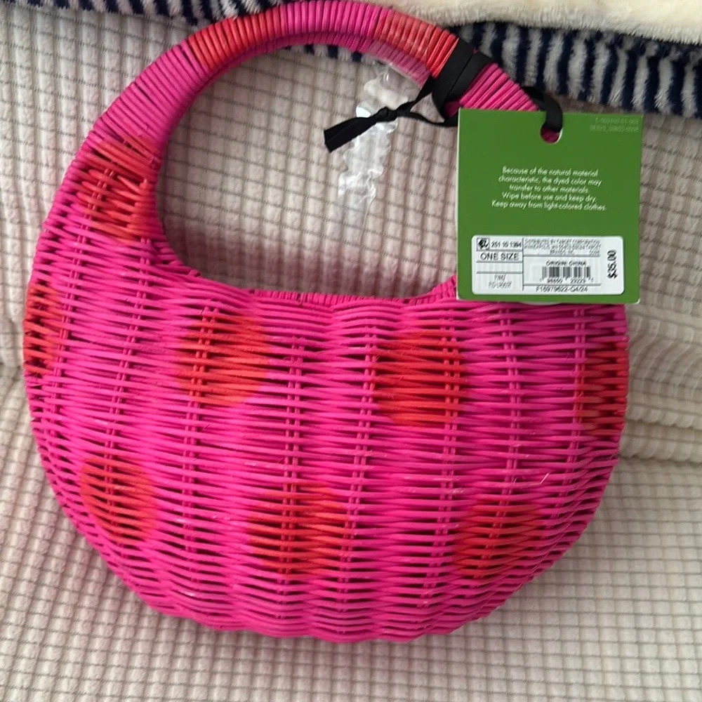 Kate Spade Pink Woven Handbag polka dots - Picture 3 of 6